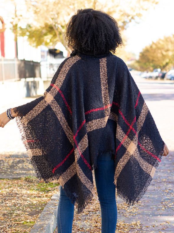 Easy On Me Plaid Turtle Neck Poncho - Black