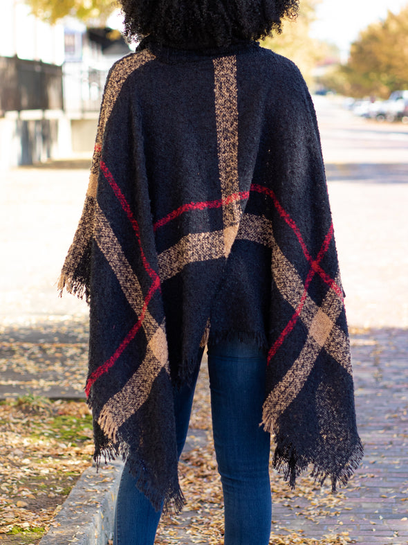 Easy On Me Plaid Turtle Neck Poncho - Black