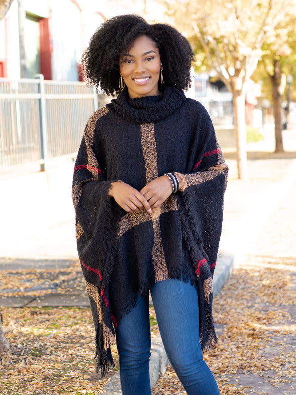 Easy On Me Plaid Turtle Neck Poncho - Black