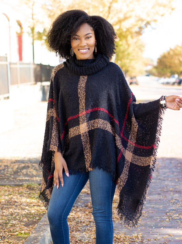 Easy On Me Plaid Turtle Neck Poncho - Black