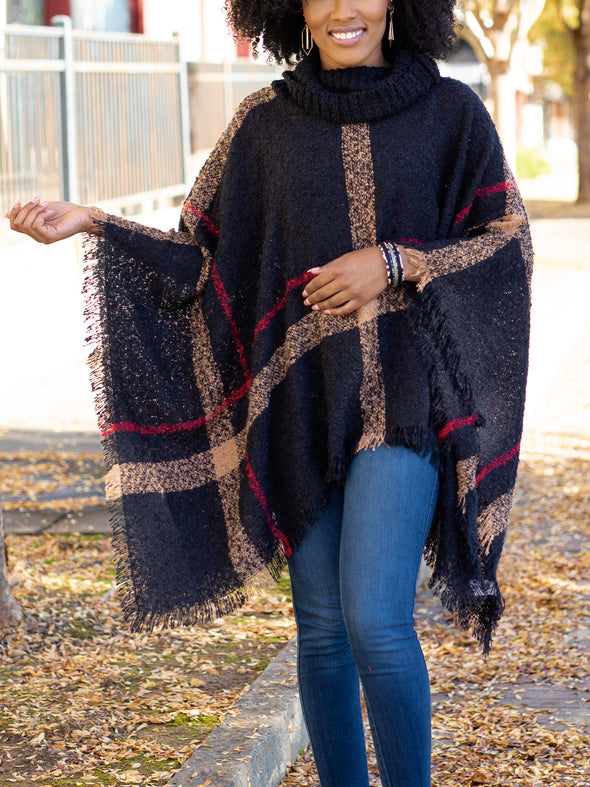 Easy On Me Plaid Turtle Neck Poncho - Black