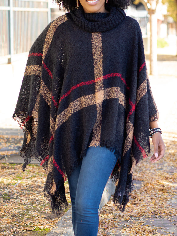 Easy On Me Plaid Turtle Neck Poncho - Black