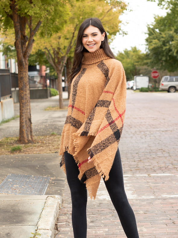 Easy On Me Plaid Turtle Neck Poncho - Camel