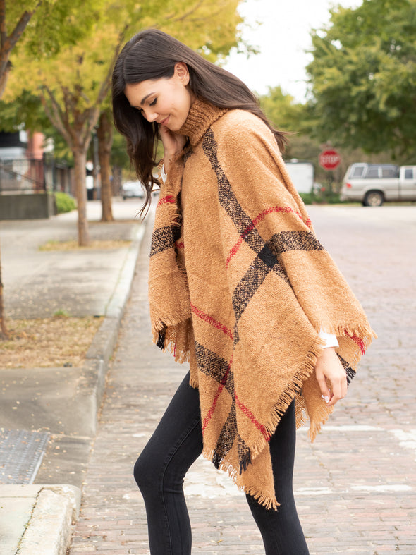 Easy On Me Plaid Turtle Neck Poncho - Camel