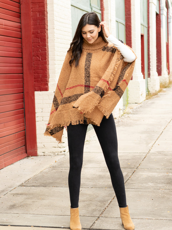 Easy On Me Plaid Turtle Neck Poncho - Camel