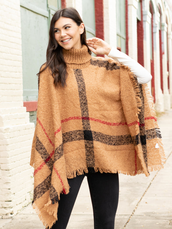 Easy On Me Plaid Turtle Neck Poncho - Camel