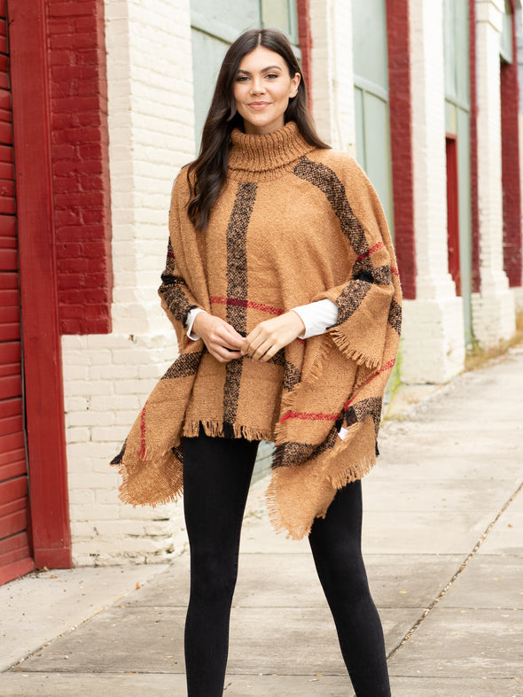 Easy On Me Plaid Turtle Neck Poncho - Camel