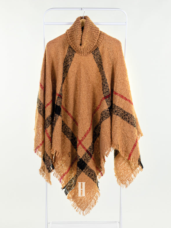 Easy On Me Plaid Turtle Neck Poncho - Camel