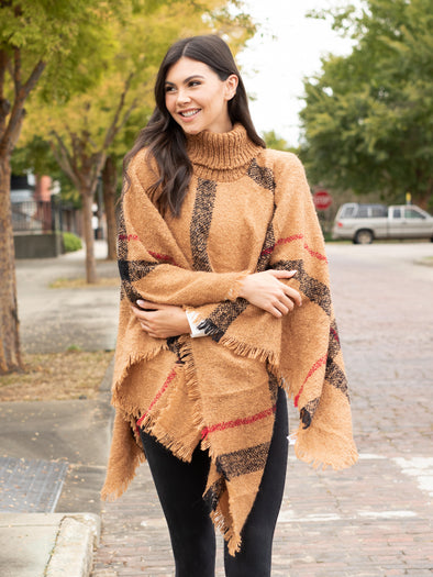 Easy On Me Plaid Turtle Neck Poncho - Camel