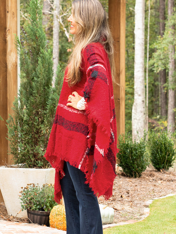 Easy On Me Plaid Turtle Neck Poncho - Red