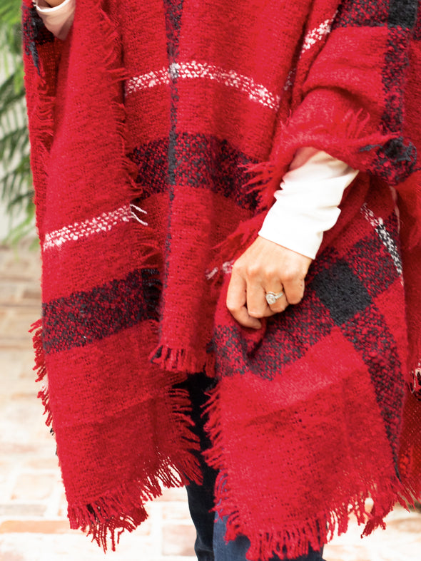 Easy On Me Plaid Turtle Neck Poncho - Red