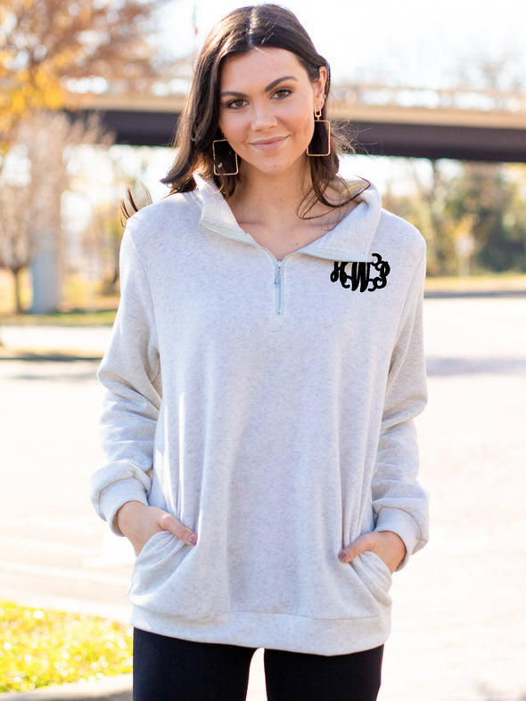 Chill Out Monogrammed Zip Pullover - Oatmeal