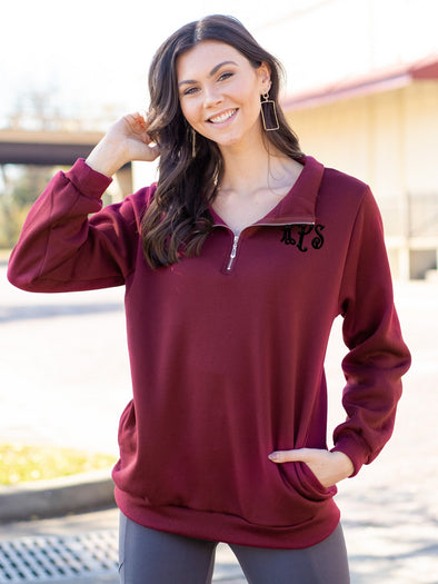 Chill Out Monogrammed Zip Pullover - Maroon