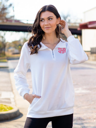 Chill Out Monogrammed Zip Pullover - White