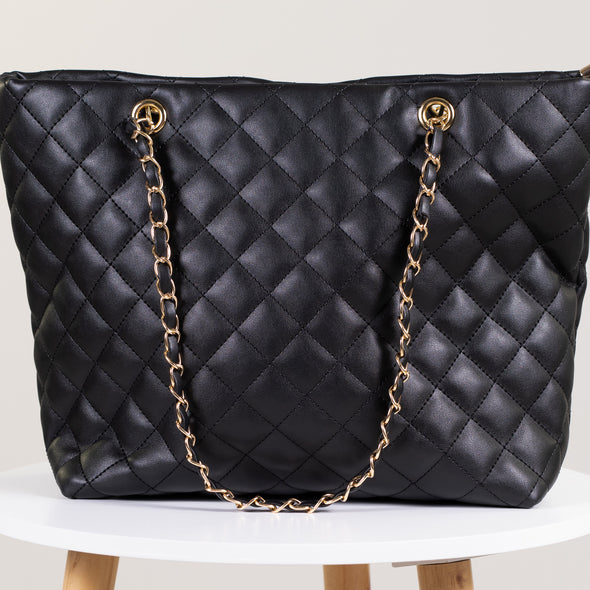 Quilted Leatherette Handbag with Gold Rope Strap