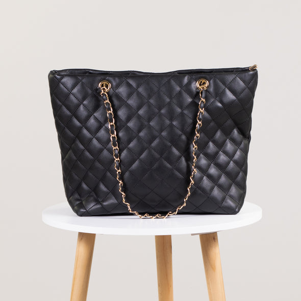 Quilted Leatherette Handbag with Gold Rope Strap