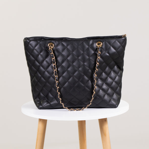 Quilted Leatherette Handbag with Gold Rope Strap