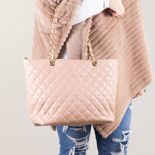 Quilted Leatherette Handbag with Gold Rope Strap