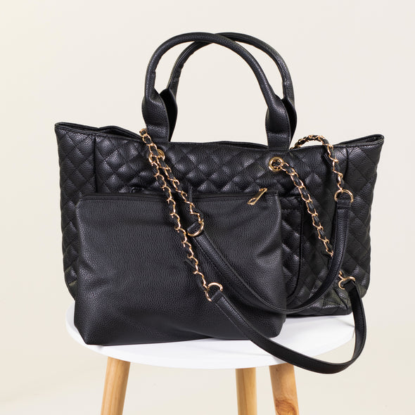 Luxe Quilted Leatherette Handbag with Gold Rope Strap