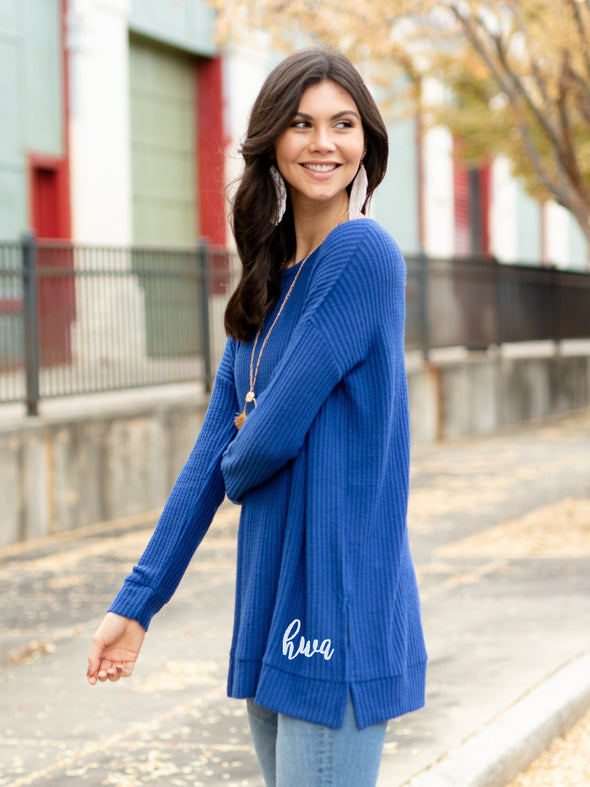 Confident and Carefree Round Neck Sweater - Royal