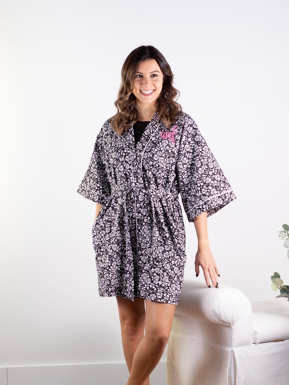 All Alone Kimono Robe - Black Floral