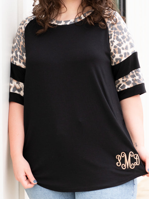 Jungle Love Leopard Sleeve Raglan Top - Black