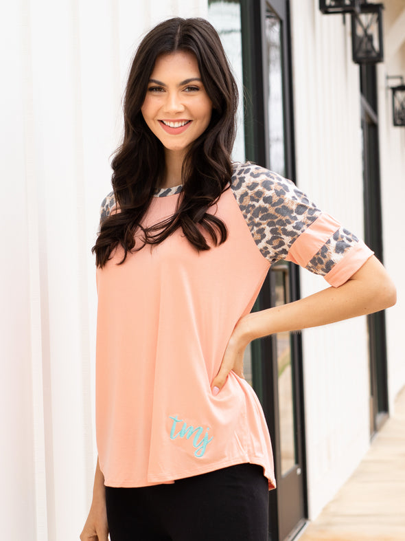 Jungle Love Leopard Sleeve Raglan Top - Blush