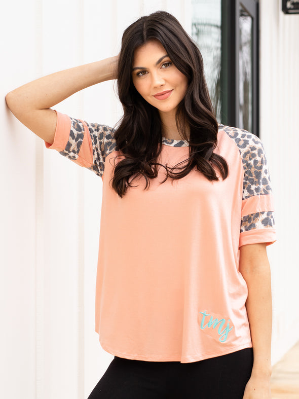 Jungle Love Leopard Sleeve Raglan Top - Blush