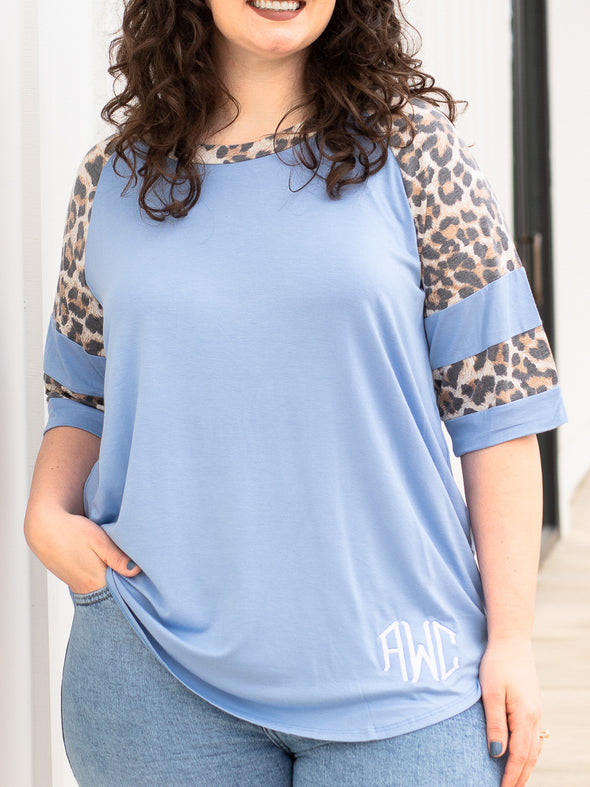 Jungle Love Leopard Sleeve Raglan Top - Denim