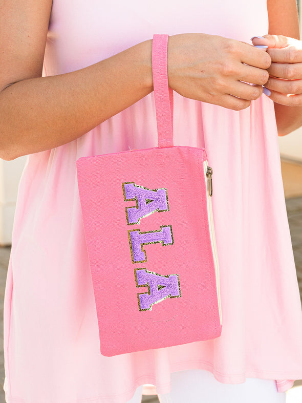 Just The Essentials Solid Varsity Letter Cosmetic Bag- Coral