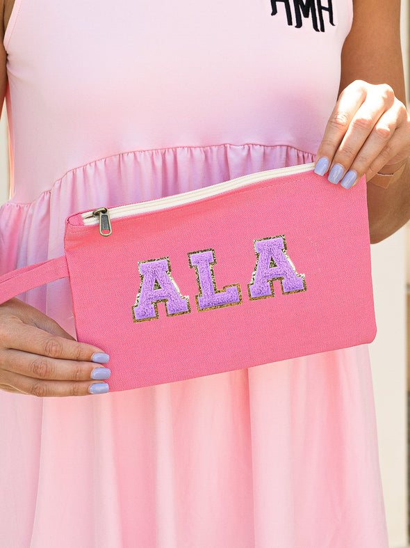 Just The Essentials Solid Varsity Letter Cosmetic Bag- Coral