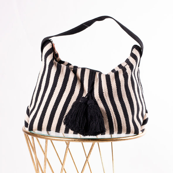 Phoenix Collection Set Handbag & Cosmetic - Black/Ivory Stripe