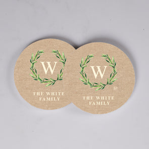 Green Wreath on Burlap Background Coasters