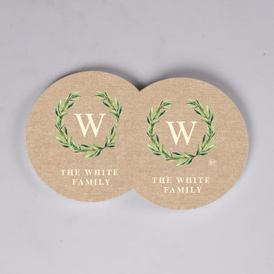 Green Wreath on Burlap Background Coasters