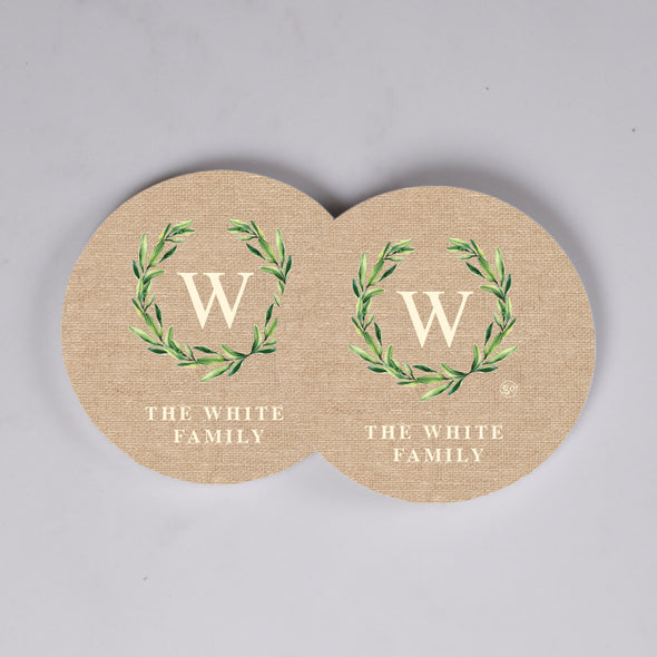 Green Wreath on Burlap Background Coasters