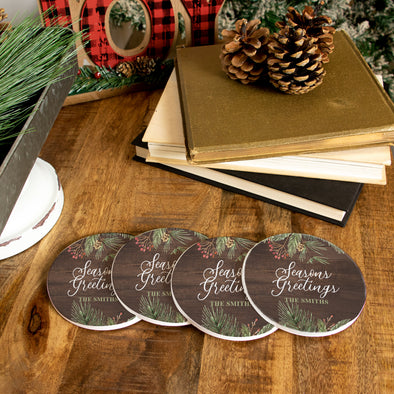 Season Greetings on Dark Wood Coasters