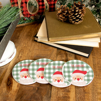 Santa on Green Plaid Coasters