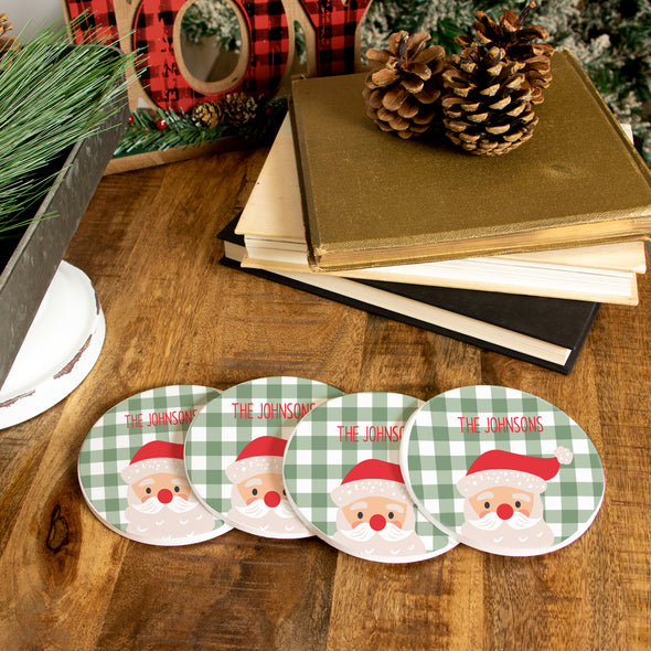 Santa on Green Plaid Coasters