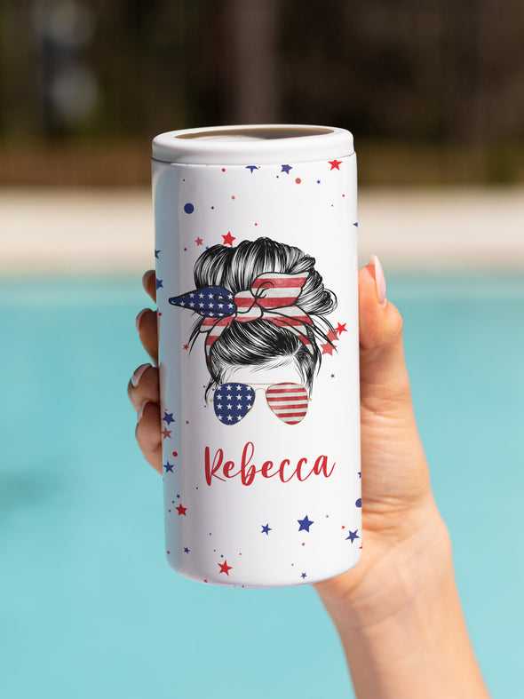 USA Messy Bun Slim Can Cooler