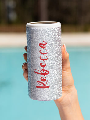 Glitter Red, White and Blue Slim Can Cooler