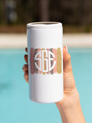 Pink Stripe Monogram Slim Can Cooler