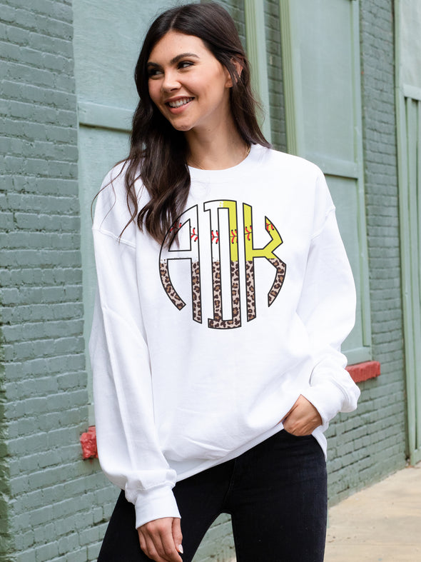 Leopard Baseball/Softball Monogram Sweatshirt - White