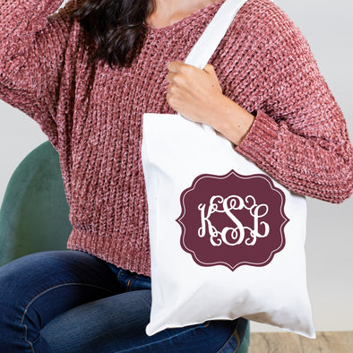 Fancy Frame Monogram, Personalized Tote Bag - Burgundy