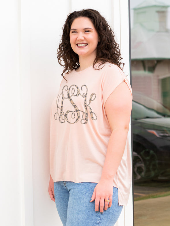 Leopard Monogrammed Rolled Cuff Tee