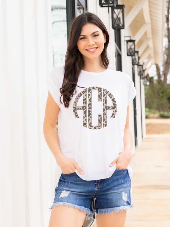 Leopard Monogrammed Rolled Cuff Tee