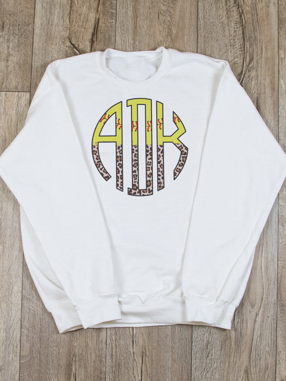 Leopard Softball Monogram Sweatshirt - White