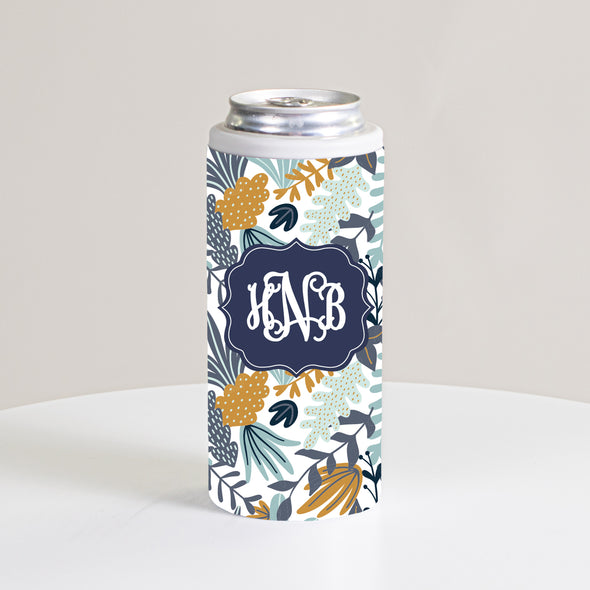 Blue Floral Monogram Slim Can Cooler