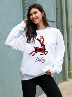 Buffalo Plaid Reindeer Sweatshirt - White