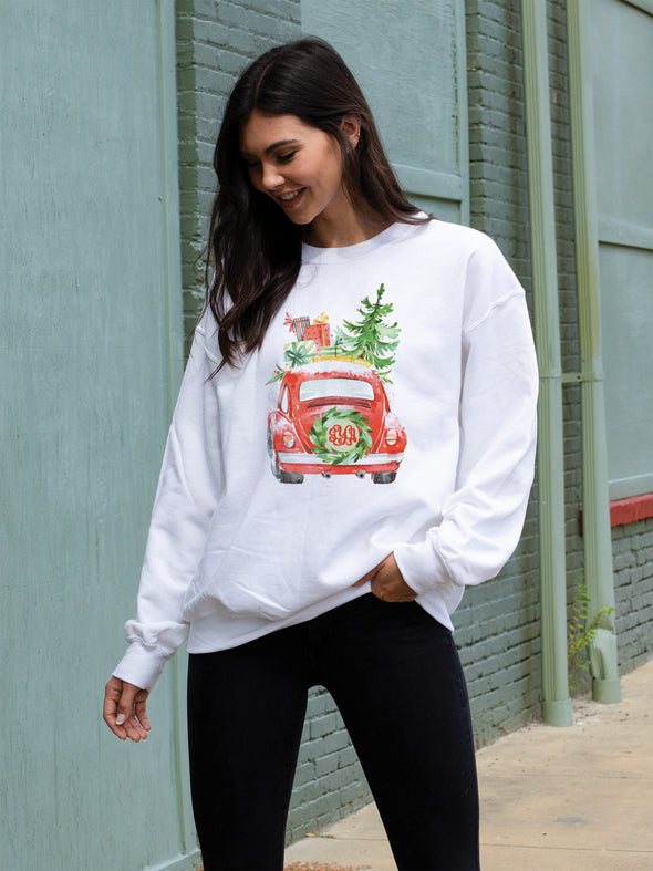 Vintage Christmas Car Sweatshirt - White